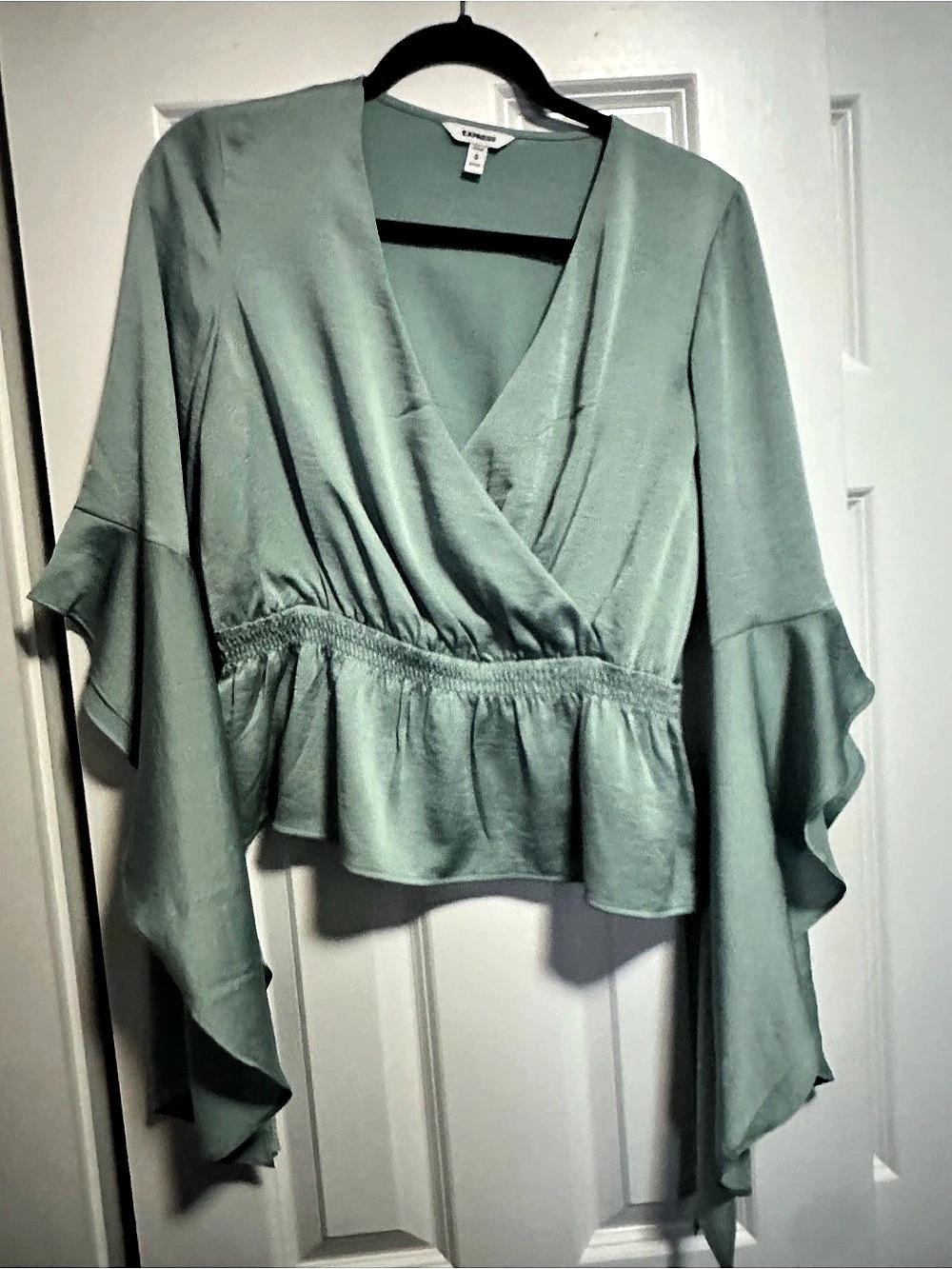Express Faux Wrap Peplum Top with Bell Sleeves Green Medium